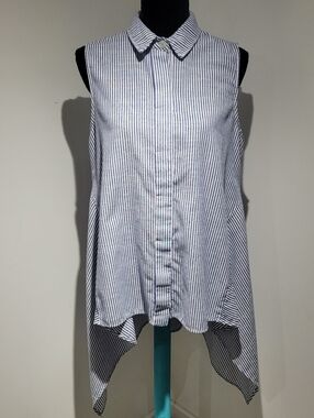 For Cynthia Women's Linen/Cotton Blend Striped Flowy Tunic Medium Blue White